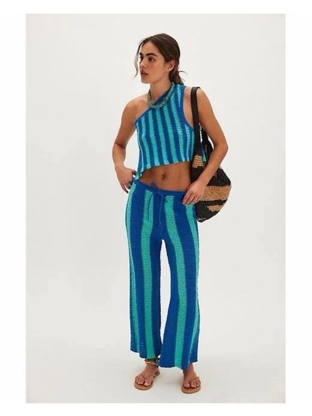 NEW Free People Blue & Teal Striped Knit Cropped Top and Pants
